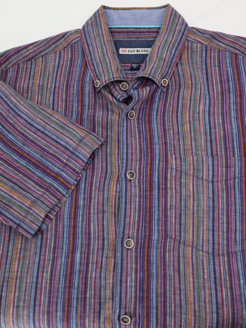 32 Bar Blues Shirt Mens Medium Striped Linen Button Down Short Sleeve casual